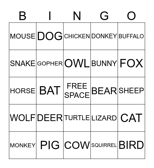 ANIMAL BINGO Card