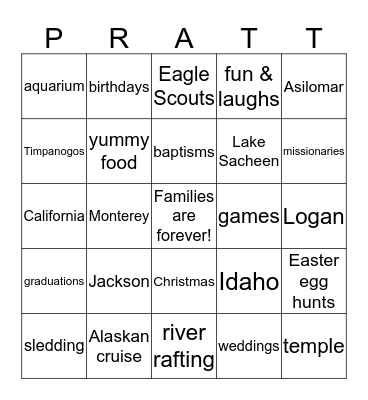 PRATT FAMILY GAMES Bingo Card