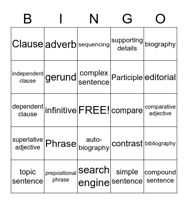 English Grammar Bingo Card