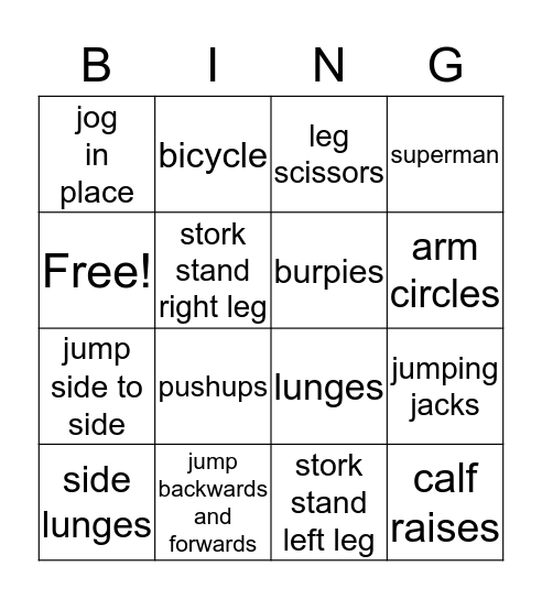 fitness bingo Card