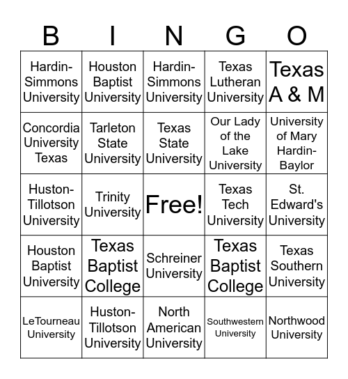 Texas Colleges and Universities Bingo Card