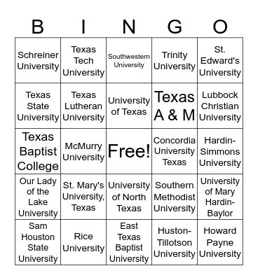 Texas Colleges & Universities Bingo Card