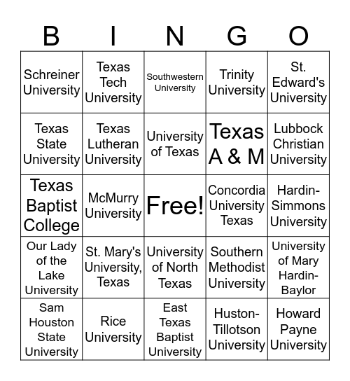Texas Colleges & Universities Bingo Card