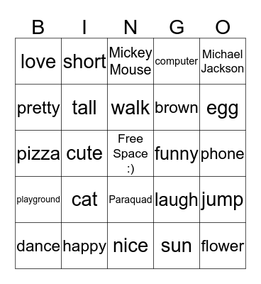 Parts of Speech Bingo Card