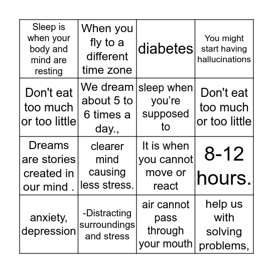 Sleep Bingo Card