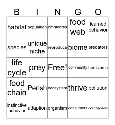 Life Science Vocabulary Bingo Card