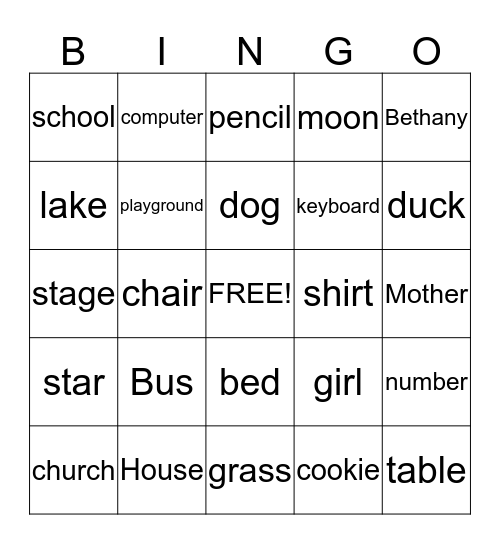 nouns Bingo Card