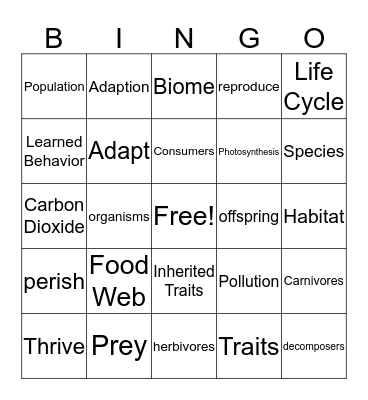 Life Science Vocabulary Bingo Card