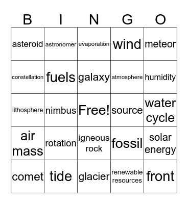 Earth Science Vocabulary Bingo Card