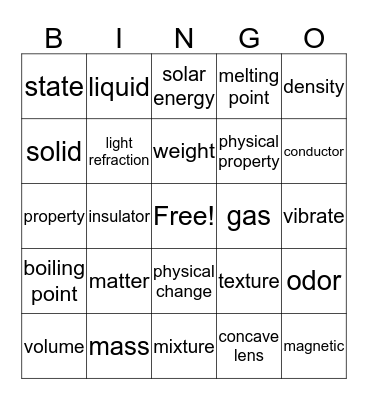 Physical Science Vocabulary Bingo Card