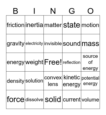 Physical Science Vocabulary Bingo Card