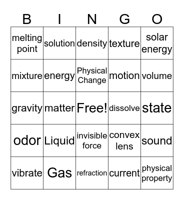 Physical Science Vocabulary Bingo Card