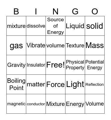 Physical Science Vocabulary Bingo Card