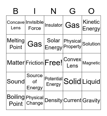 Physical Science Vocabulary Bingo Card