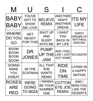 90'S CLUB HITS Bingo Card