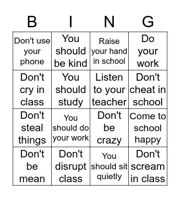 Behavior Bingo Card