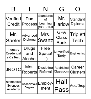 8th Grade Tours: Administration/Guidance BINGO Card