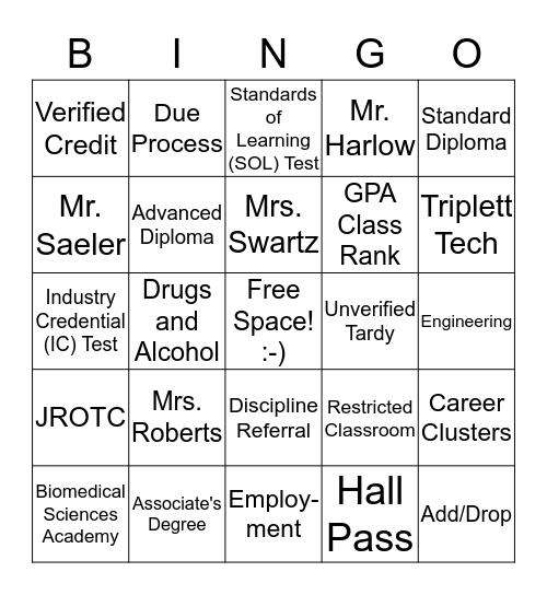 8th Grade Tours: Administration/Guidance BINGO Card