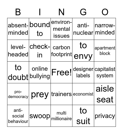 B2 Adults Vocab Test Bingo Card