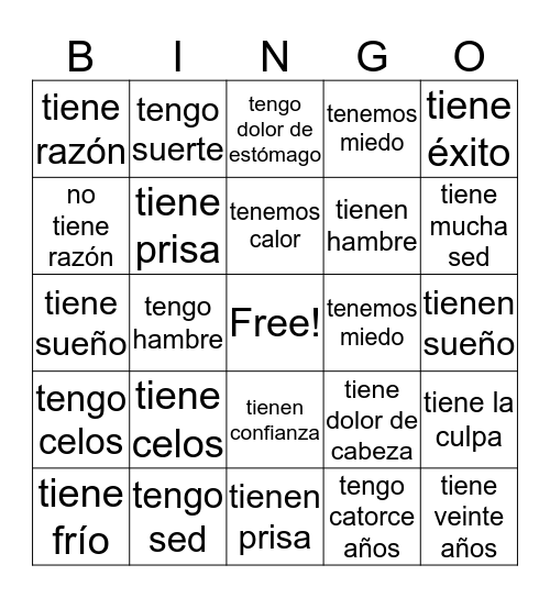 Idioms with Tener Bingo Card