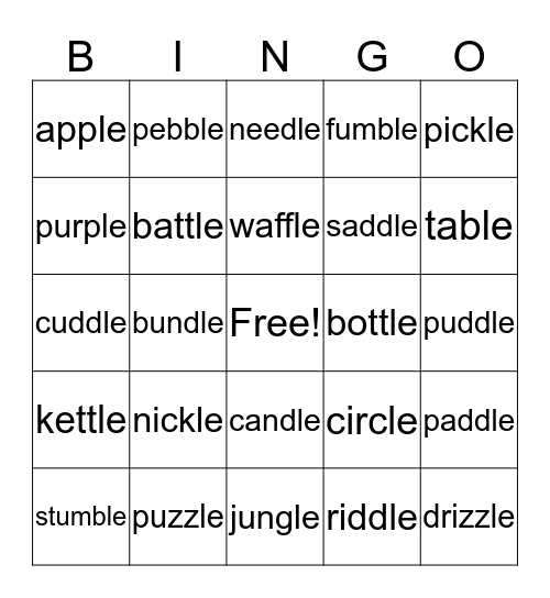 Consonant   -le  Words Bingo Card