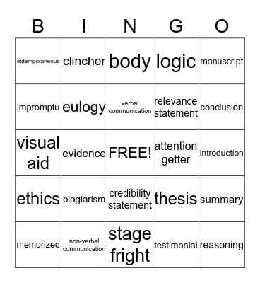 Speech Final Exam Bingo Card