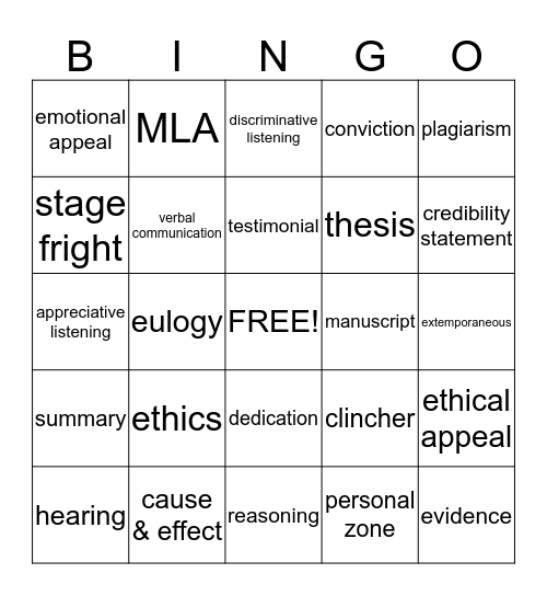 Speech Final Exam Bingo Card