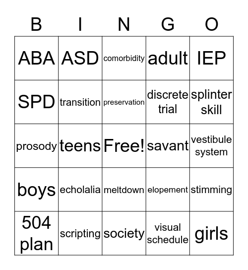 autism vocabulary Bingo Card