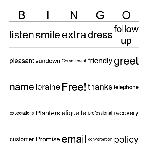 Planters Promise Bingo Card