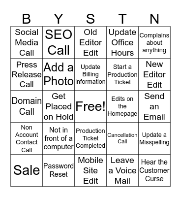 Baystone Customer Call Bingo Card