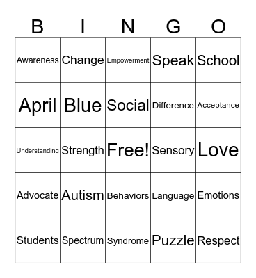 Autism Awareness Month  Bingo Card