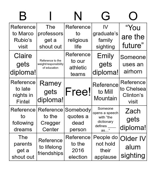 RC Graduation 2017 Bingo Card