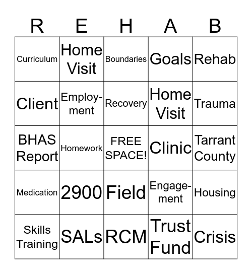Rehab Bingo (1) Bingo Card