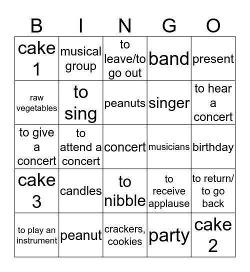 Party Concert Bingo Card
