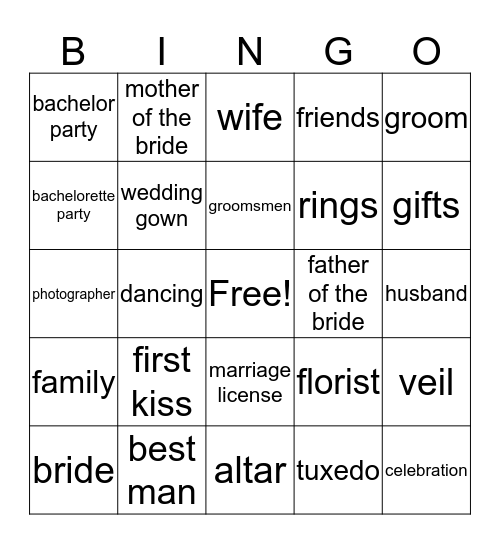 Shannon's Bridal Shower Bingo Card
