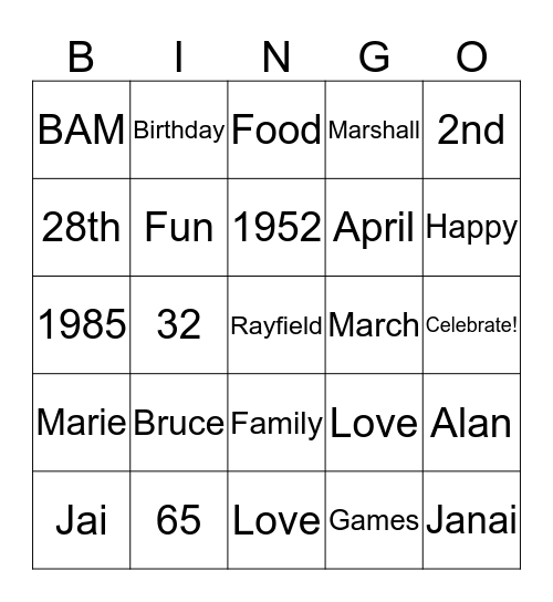Happy Birthday Jai and BAM! Bingo Card