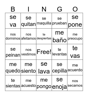 Reflexive Verbs Bingo Card