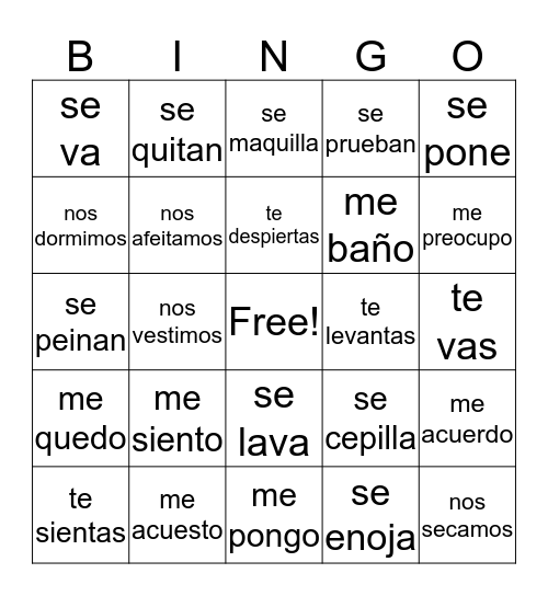 Reflexive Verbs Bingo Card