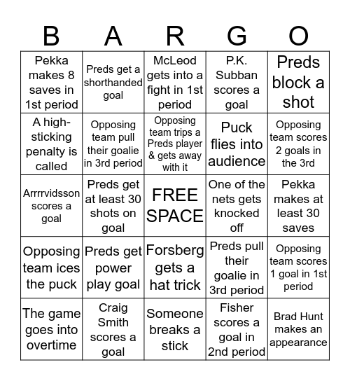 Preds Bargo Bingo Card