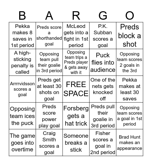 Preds Bargo Bingo Card