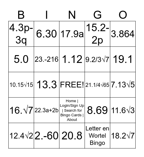 Letter en Wortel Bingo Card