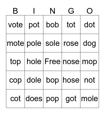 Long o & Short o Bingo Card