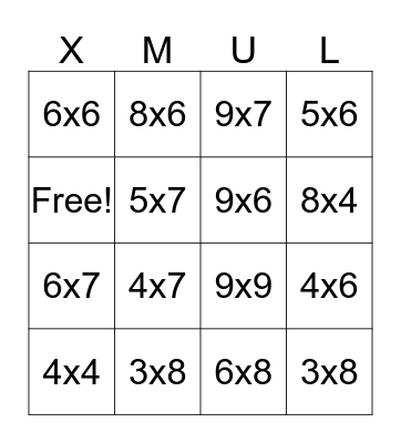 Multiplication Bingo Card