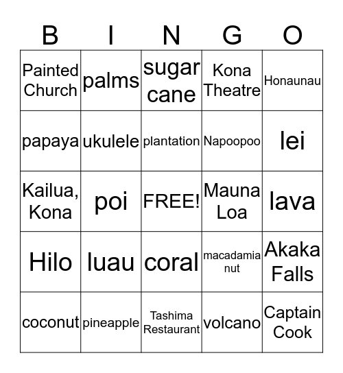 Hawaii Georgraphy Bingo Card
