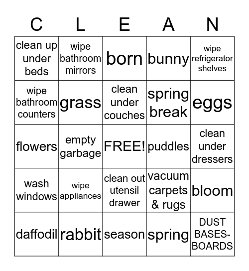 KIDS SPRING CLEANING BINGO Card