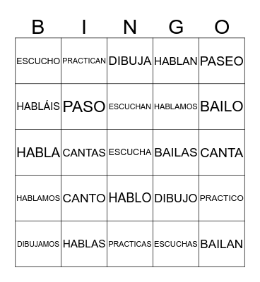 "AR" VERBS SPANISH Bingo Card