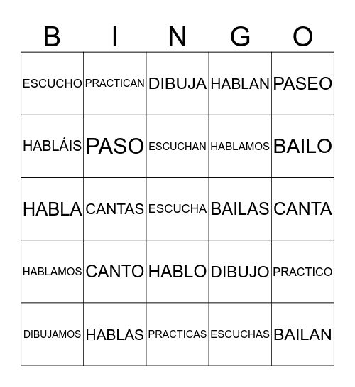 "AR" VERBS SPANISH Bingo Card