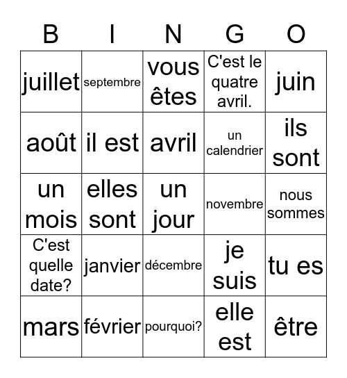CAT 1 UNITÉ 5 B Bingo Card