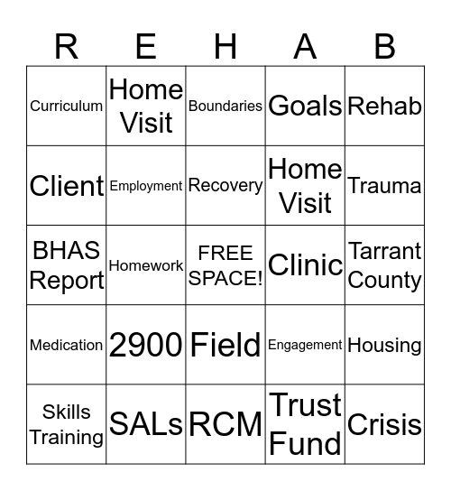 Rehab Bingo (2) Bingo Card