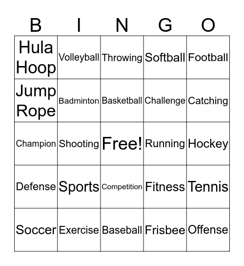 Sports and Activity Bingo Paragon Mills PE Bingo Card